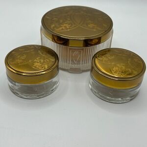 Vintage American Beauty Glass Powder Jar & Cosmetic Pots Set Gold Rose Lids